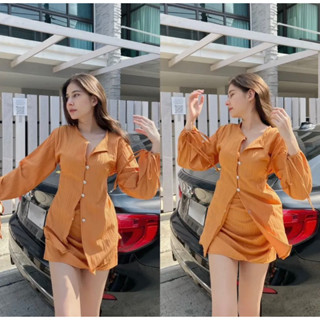 ♥new! เสื้อเชิ้ตแขนยาว แต่งเชือกและกระโปรงเอวสูง✨ชุดเซ็ทผ้าเปลือกไม้แขนยาว+กระโปรงเข้าชุด