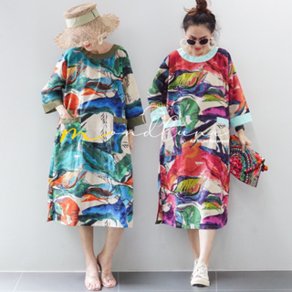 Mondlunecloth  New arrivals  Long Dress Korea style คอกลมแขนสามส่วน งานตัวยาว  แต่งเล่นสีที่คอ ปลายแขน และขอบกระเป๋า ผ้า