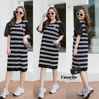 🌈🌿🌼🌺🌸🤎🇰🇷 Knit Stripe Chiffon Sleeve Dress