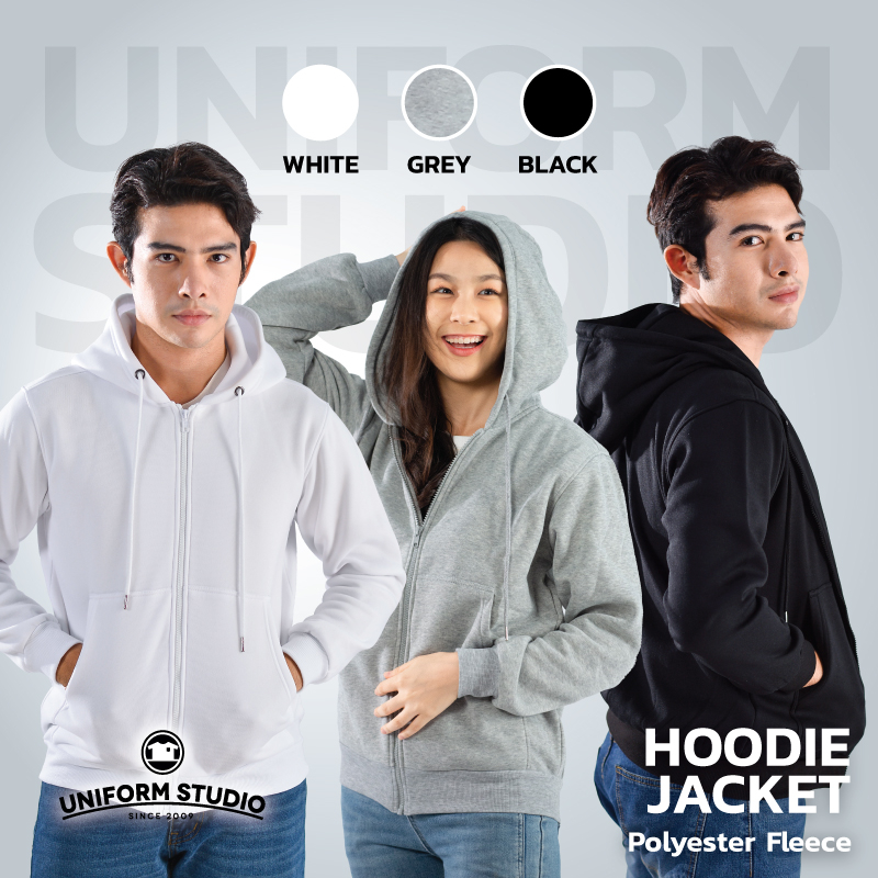 Uniform  Studio ฮู้ดดี้แจ็คเก็ตซิปหน้า Hoodie Jacket ผ้า Fleece ขูดขน สีดำ/สีขาว/สีเทา