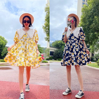 🌼🌼เดรสสั้นลายดอกไม้ แขนสั้นตาม คอปกแต่งระบาย ชุดนี้สวมใส่สบาย