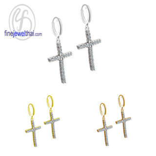 ต่างหู-ต่างหูไม้กางเขน-ต่างหูเพชร-ต่างหูเงินแท้-Cross-Diamond CZ-Silver-Earring - E1161cz00p
