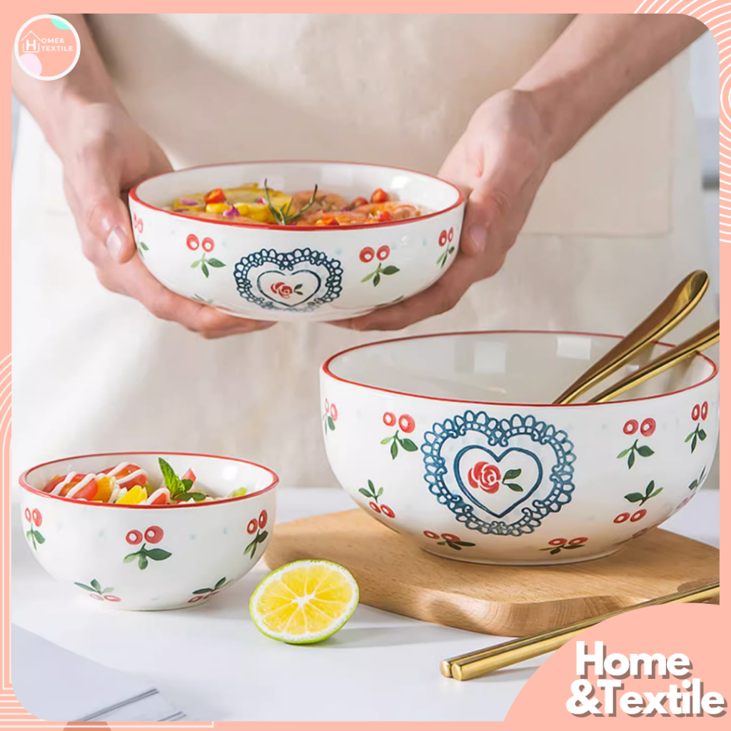 【พร้อมส่ง】ชามเซรามิคคุณภาพดี สไตล์ยุโรป ลายเชอรี่🍒 Cherry Heart