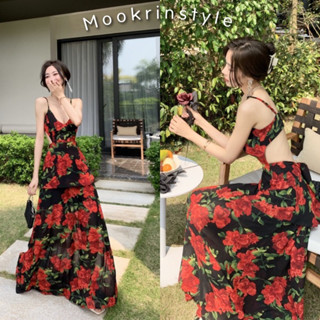 🌹maxidress mook🌹 เดรสสายเดี่ยวลายดอกกุหลาบ งานสวย แม็กซี่เดรส เดรสยาวเดินชายหาด ไปทะเล maxidress