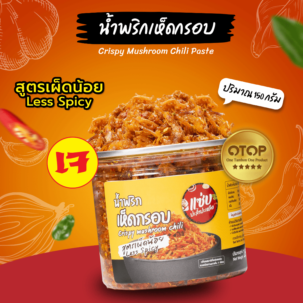น้ำพริกเห็ดกรอบ (สูตรเจ) ขนาด 150 กรัม แบบกระปุก แซ่บปะล้ำปะเหลือ