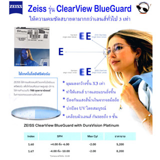 เลนส์แว่นตา Zeiss รุ่น ClearView BlueGuard ป้องกันแสงสีน้ำเงิน โค้ท9ชั้นที่มีประสิทธิภาพสูงสุด จาก Germany