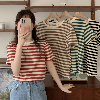 Anna 587🎀พร้อมส่ง*เสื้อยืดไหมพรม* อย่างดี แขนสั้น* ลายทาง