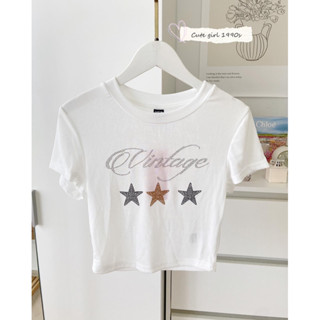 ST1006 เสื้อครอปซีทรูสีขาว รีดเพชรรูปดาว ป้าย SHEIN 🦋