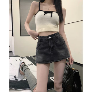 Cicishop(988/725)กระโปรงกางเกงยีนส์สั้น ดีเทลกระเป๋าหน้าสุดเก๋ สวยสับแบบสาวY2K