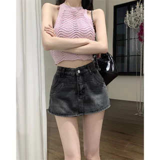 Cicishop(988/725)กระโปรงกางเกงยีนส์สั้น ดีเทลกระเป๋าหน้าสุดเก๋ สวยสับแบบสาวY2K