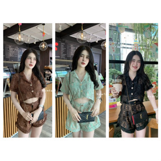 🌸cha-nee shop🌸 Set2ชิ้น ผ้าลูกไม้Lv เชิ้นหน้าสั้นหลังยาว   +กางเกงขาสั้น
