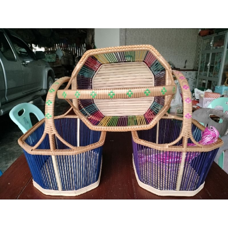 โครงเปล่าตะกร้าทรงแปดเหลี่ยมถักขอบ แถมชุดเส้นสาน 1 มัด - รูปที่ 3