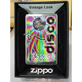 ZIPPO 230.25 PLANETA  DISCO  VINTAGE LOOK  BRUSHED CHROME COLOR IMAGE   สีเงินผิวโครเมี่ยมลายแบบสกรีน ทรงเหลี่ยมย้อนยุค