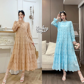 Lace maxi dress เดรสไปทะเล เดรสไปงาน แม็กซี่เดรสยาวคอระบายผ้าลูกไม้​ ติดกระดุมหน้าทรงปล่อย แขนยาวจั้มปลายแขนมีซับใน​ตัว