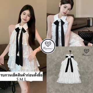 เดรสแขนกุดลูกไม้ฉลุตัวสั้นระบาย4ชั้นสีขาว ช่วงคอแต่งริบบิ้นดแกไม้สีดำ ดีเท็ลรุ่นนี้ใส่สวย น่ารักมากๆค่าสาวๆ ห้ามพลาดเลย