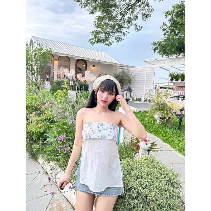 🌼NUSA STYLE เสื้อเกาะอก หลังสม็อค ผ่าข้าง เสื้อผ้าผู้หญิง