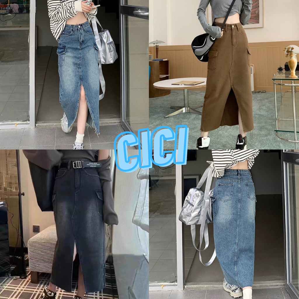 ส่งทันที Cici(SALE. 978)กระโปรงยีนส์ยาวทรงเอ ดีเทลผ่าหน้าแต่งกระเป๋าด้านข้าง ตัวแม่ต้องไม่พลาด