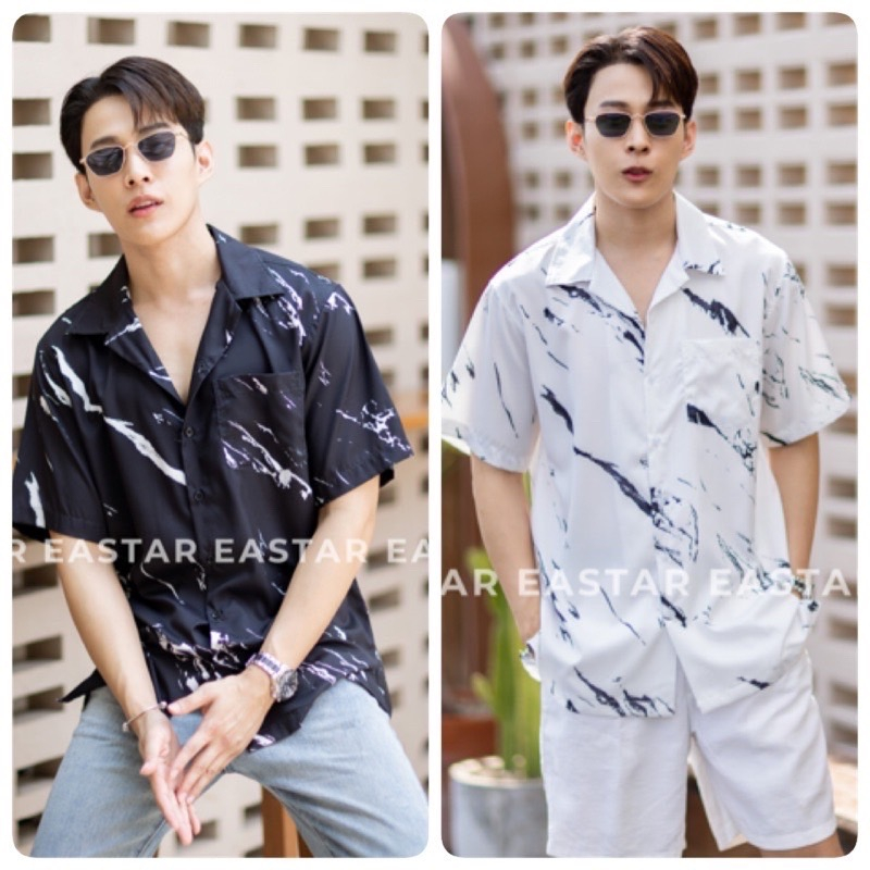 เสื้อเชิ้ต ES6 ผ้าไหมอิตาลีพรีเมียม ลายหินอ่อน สีขาว , ดำ เนื้อผ้านิ่มสบาย แพทเทิร์นดี ทรงดีมาก