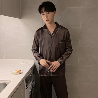 แขนยาว+ขายาว M-5XL ชุดนอนผ้าซาติน ชุดนอนสีพื้น ชุดนอนแฟชั่นสไตล์เกาหลี ชุดนอนคู่รัก ส่งจากไทย