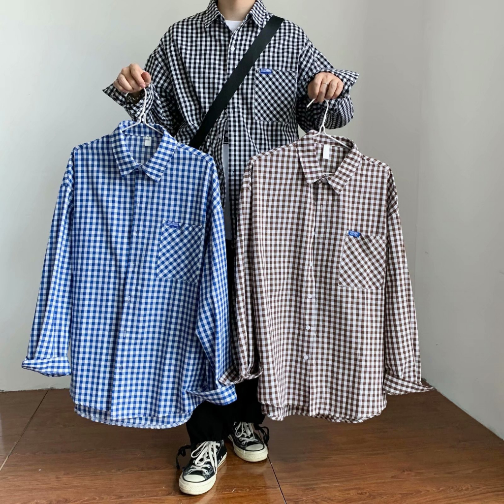 COD CTAC176 เสื้อเชิ้ตคอปกแขนยาวลายสก๊อตผู้ชาย oversize เสื้อสตรีทสไตล์เกาหลีย้อนยุคแฟชั่น ผ้าไม่ติดตัว ใส่สบาย