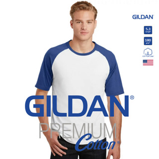 GILDAN® เสื้อยืดไหล่สโลป แขนสั้น - ตัวขาว แขนน้ำเงิน