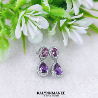 H6417 ต่างหูพลอยพิงค์โทพาซและอเมทิสต์แท้ ( Pink topaz , Amethyst ) แบบก้านเสียบ ตัวเรือนเงินแท้ 925 ชุบทองคำขาว