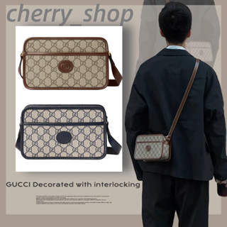 🍒กุชชี่ Gucci Interlocking Double G Mini Bag/ผู้หญิง/กระเป๋าสะพายไหล่/กระเป๋าสะพายข้าง