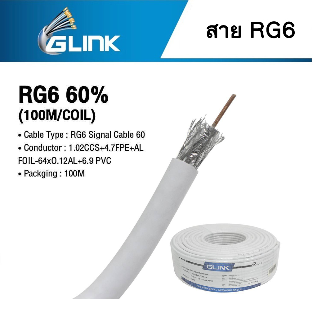 GLINK สายนำสัญญาณRG6 100 M ชิลด์60% (สีขาว)