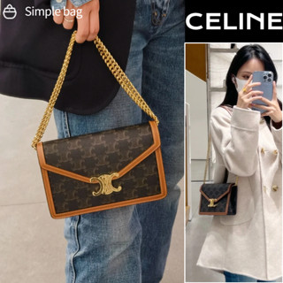 🍑เซลีน CELINE Wallet On Chain Triomphe In Triomphe Canvas And Calfskin