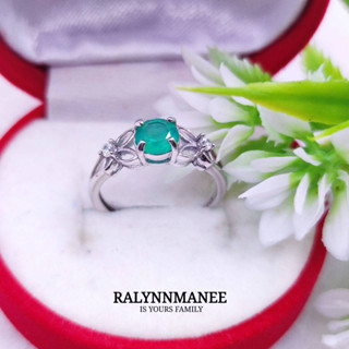 RP001แหวนพลอยโมราแท้ ( Chrysoprase ) ตัวเรือนเงินแท้ 925 ชุบทองคำขาว เป็นงานแก้ไซส์ฟรี