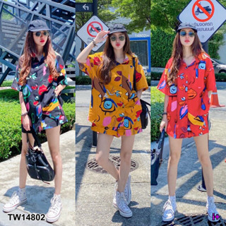 👗Pfashion [ส่งไวมาก🚛] P14802 Set เสื้อเชิ้ตแขนสั้น+กางเกงขาสั้น พิมพ์ลายกราฟฟิก