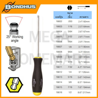 Bondhus ไขควงหกเหลี่ยม หัวบอล ด้ามยาง สีเงิน ขนาด 7/16 นิ้ว - 1/2 นิ้ว รุ่น 16615 - 16616 (Balldriver Screwdrivers)