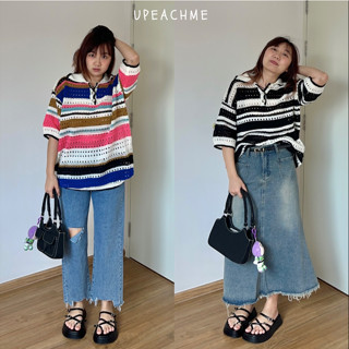 STRIPED OVER I เสื้อคอปกไหมพรมลายทางโอเวอร์ไซส์ใส่ได้ทั้งผู้ชายและผู้หญิง เสื้อไหมพรมลายทางใส่สบายผ้าตาข่ายไม่ร้อน