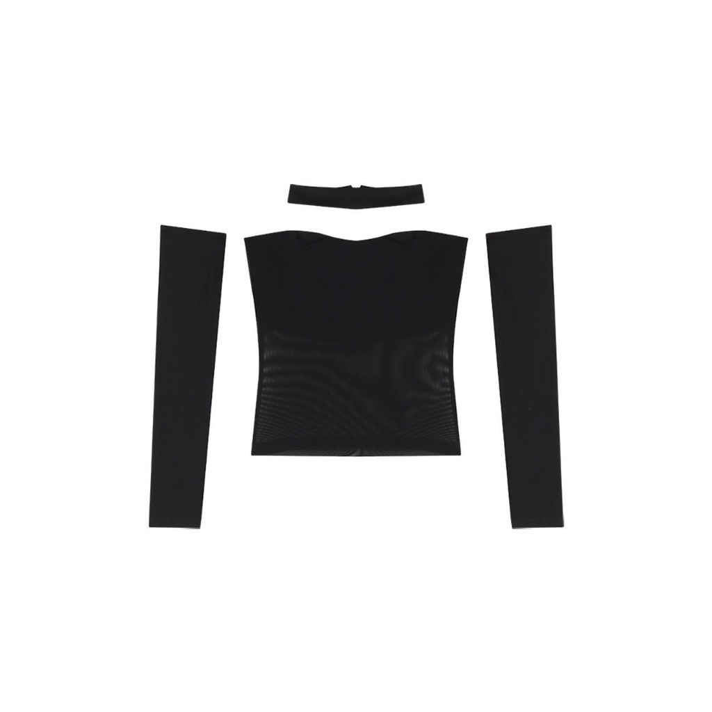 ꕥCatalog Fashionꕥ เสื้อเกาะอกผ้าซีทรูตัวยาว สีดำ พร้อมโช้คเกอร์และปลอกแขน - รูปที่ 6