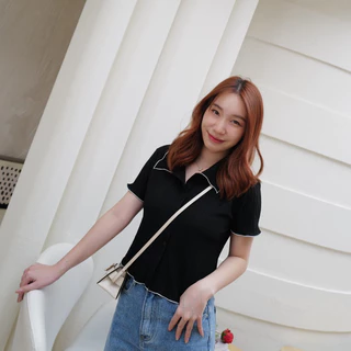 เสื้อผ่าหน้าครอป ยาว18 ผ้าลายไม้ตัดขอบ ผ้าใส่สบาย🛍️
