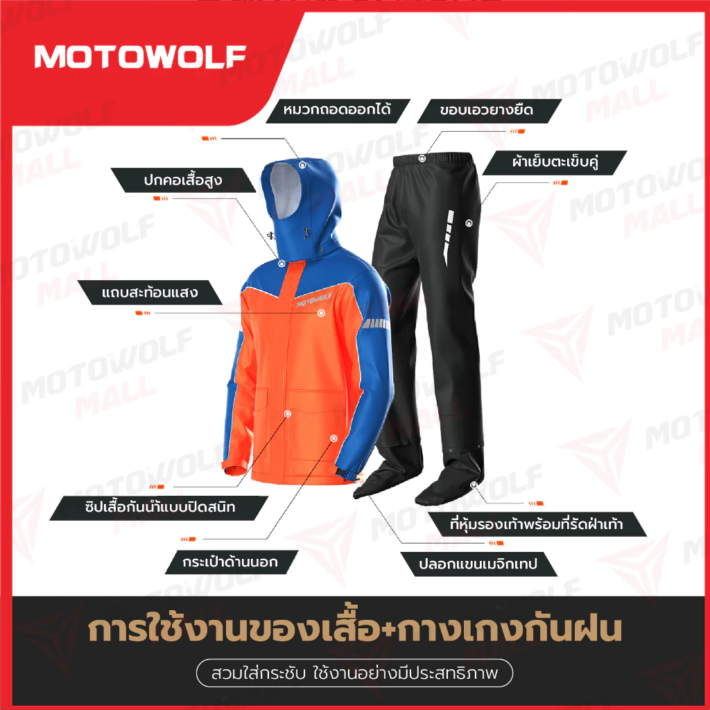 MOTOWOLF ชุดกันฝน รุ่น 0403B เสื้อและกางเกงกันฝน เสื้อกันฝนมีฮู๊ด thumbnail 7
