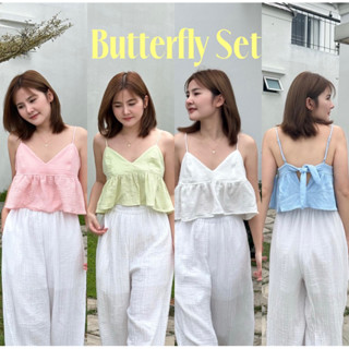 Butterfly set  เซตเสื้อสายเดี่ยวผ้าสาลู2ชั้นสีพาสเทล สีน่ารักมากกกก ใส่สบาย ใส่แล้วน่ารักน่าเอ็นดู