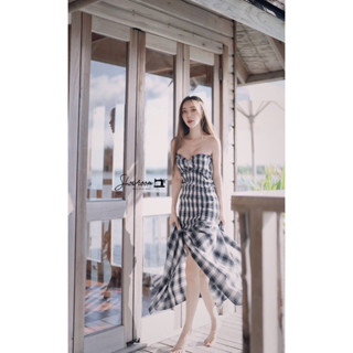 ♥️ M7 Showroom Maxi dress เดรสยาว เกาะอก ลายสก็อต กระโปรงผ่าหน้า ไซส์ S-L