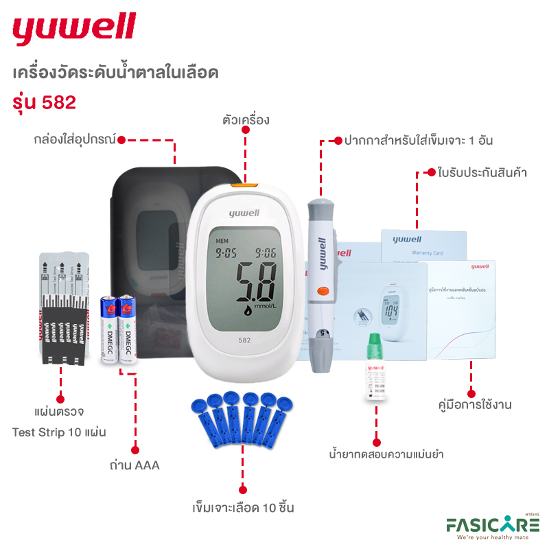 (พร้อมส่ง จากร้านยา) Yuwell เครื่องตรวจน้ำตาลในเลือด รุ่น 582 ตรวจน้ำตาล เบาหวาน ตรวจปลายนิ้ว มาตรฐา