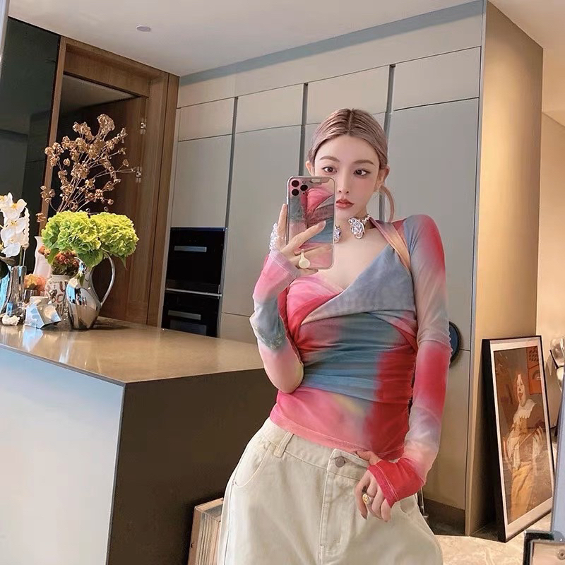 พร้อมส่ว ผ้าตาข่ายแขนยาวสีรุ้งทรงบิดหน้า ราคา ถูกที่สุด ดีลบีเคเค แกลเลอรีภาพที่ 5