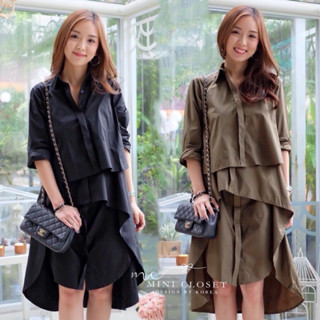 เดรสเชิ้ตคอปกแขนยาวแต่งระบายหน้าสั้นหลังยาว