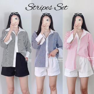 striped set  เสื้อ + กางเกง ชุดเซ็ทมาใหม่ สาวแฟชั่นนิสต้าห้ามพลาด