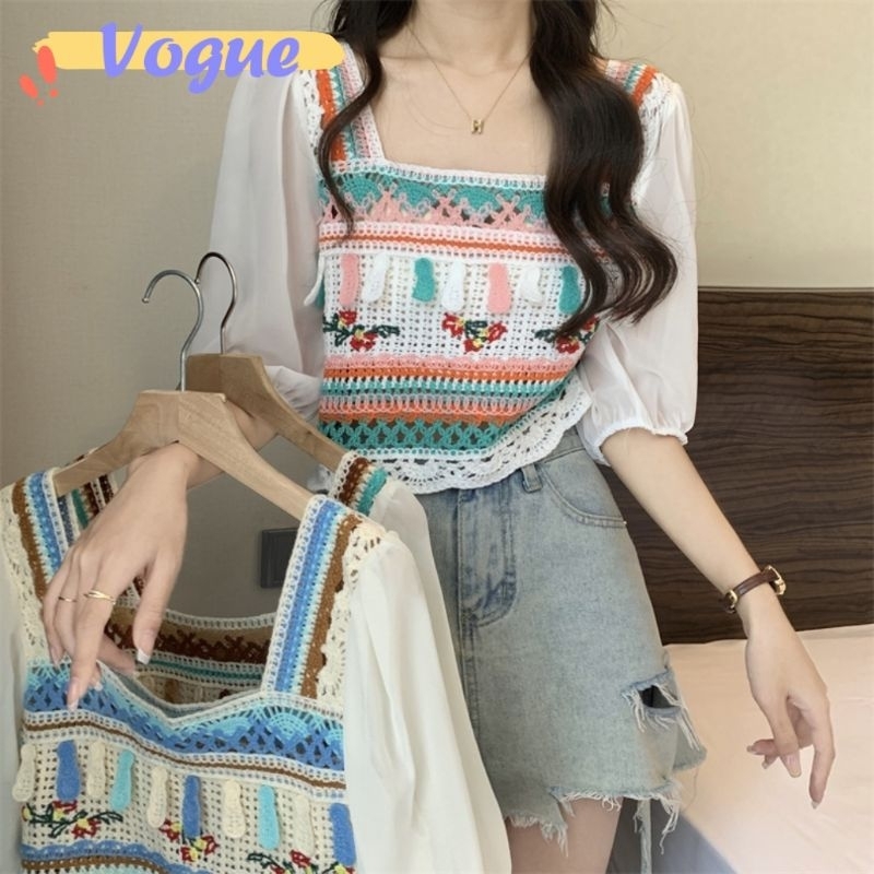 Vogue🌟พร้อมส่ง🌟 เสื้อถักไหมพรม แขนสั้นผ้าชีฟอง สีพาสเทลใส่สบาย (72026) -C