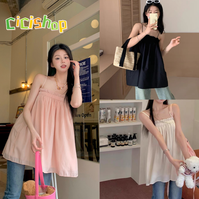 Cicishop(3133)เสื้อสายเดี่ยว ดีเทลสม็อกรอบอก มีซับด้านในใส่สบายสไตล์เกาหลี