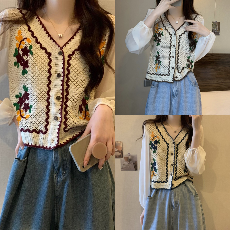 Anna 19010-1 พร้อมส่ง เสื้อถักไหมพรมแขนชีฟอง ลายดอกทานตะวันน่ารักมากน่ารัก และหวานดอกไม้2 สี