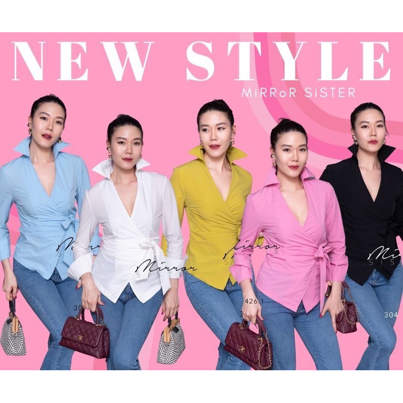 Mirrorsister #30426.1 เสื้อเชิ้ตคอVแหลม อกไขว้ เสื้อแขนยาว ทรงสวย