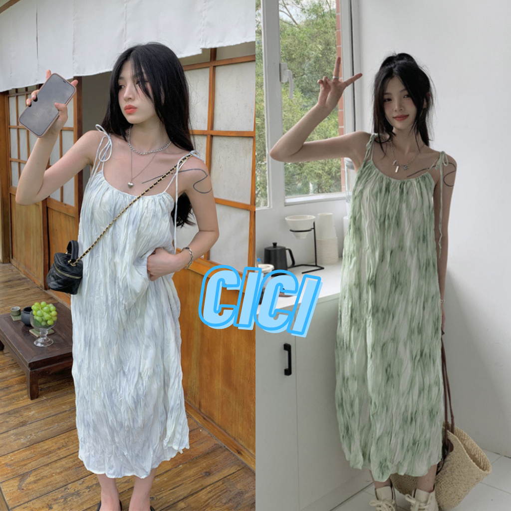 ส่งทันที Cici(NO. 3132)เดรสยาวสายเดี่ยว ดีเทลผ้าริ้ว สีสันสวยงามชิวๆชิคๆ