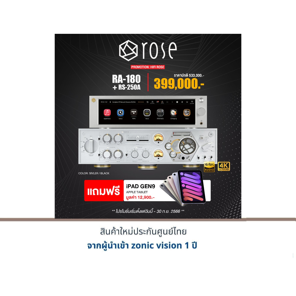 HIFI ROSE RA180 + HIFI ROSE RS-250A แถมฟรี iPad GEN9 APPLE TABLET มูลค่า 12,900.-