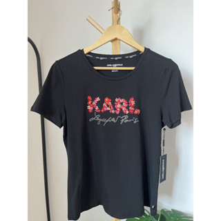 เสื้อยืดKarl lagerfeld " Karl เสื้อยืดหญิงปักดอกไม้นูนคริสตัล ดำ  "งานKarl  lagerfeld แท้100%