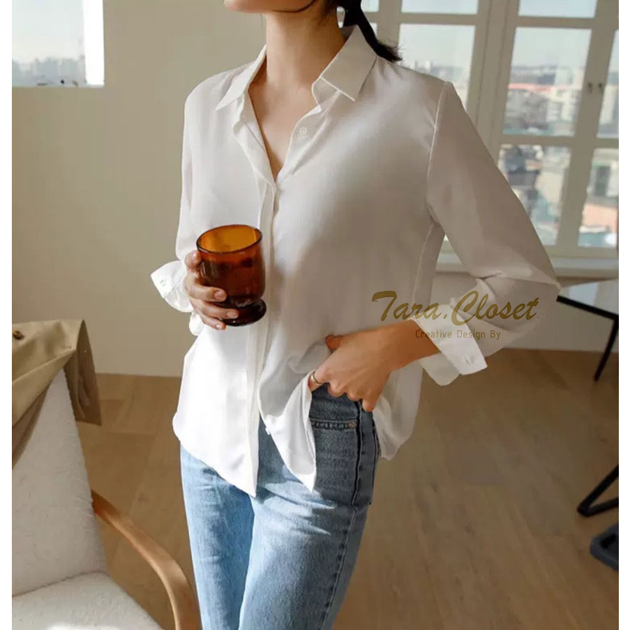 IT071 TARA Shirt เสื้อเชิ้ต คอปก แต่งสาบหน้า กระดุมซ่อน แขนยาว ทรงคลาสสิค งานผ้าไหมอิตาลีอย่างดี ผ้าไม่หนามาก ใส่สบาย